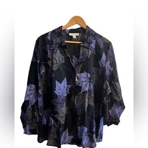 Coldwater Creek Black and Purple Leaf 100% Cotton Sheer Blouse NWT Size 2X